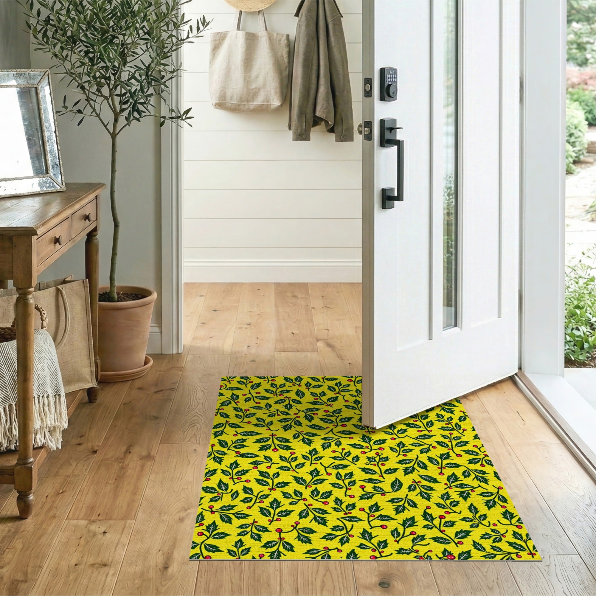 Multi-color and Patterns Festive Yellow Holly Berry Pattern Area Rug