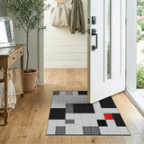 Black and White Geometric Black White Area Rug with Red Accents