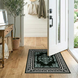 Ornate Teal Floral Black Area Rug