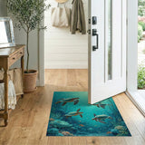Graceful Sea Turtles in Teal Ocean Depths Rug