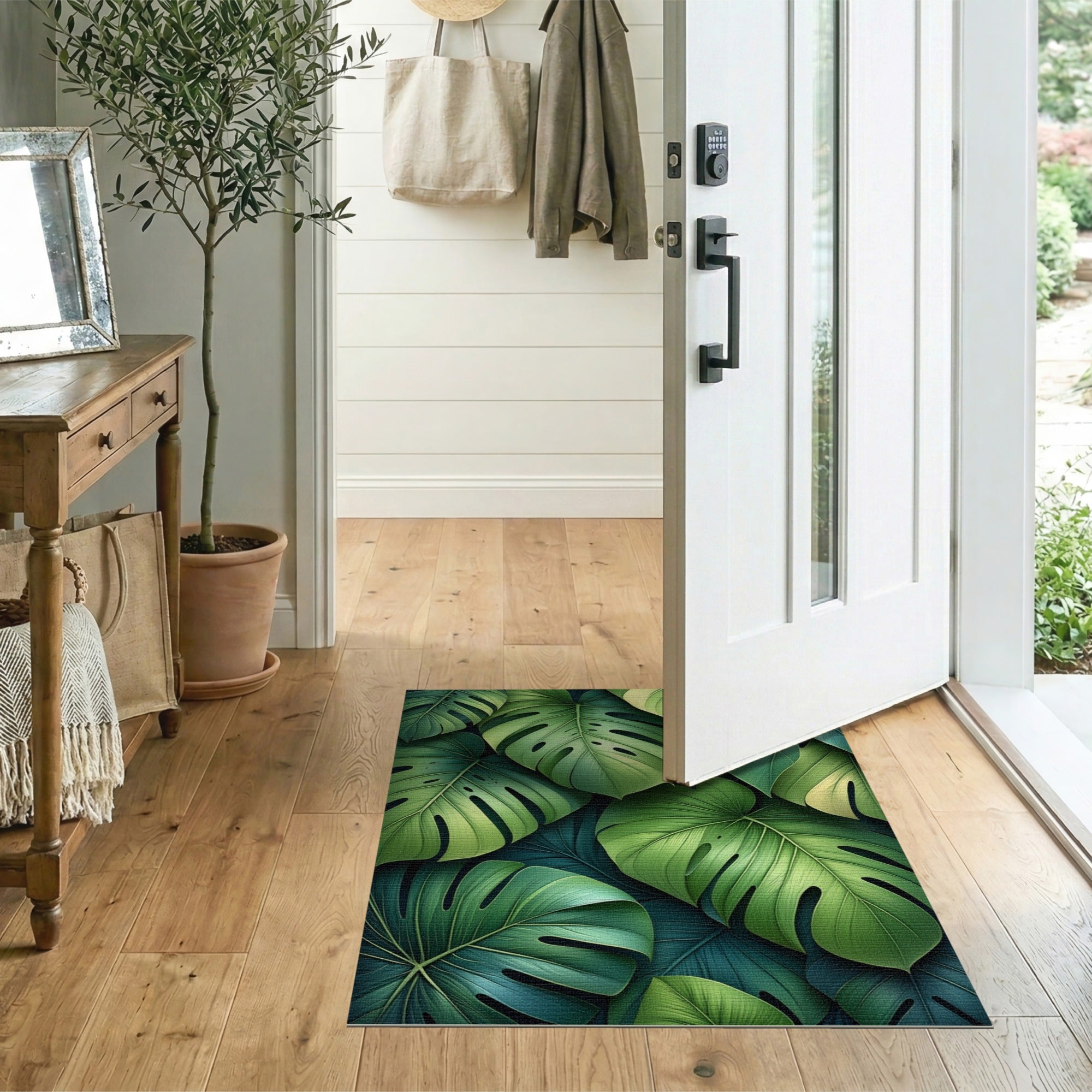Lush Green Monstera Leaves Boho Chic Area Rug