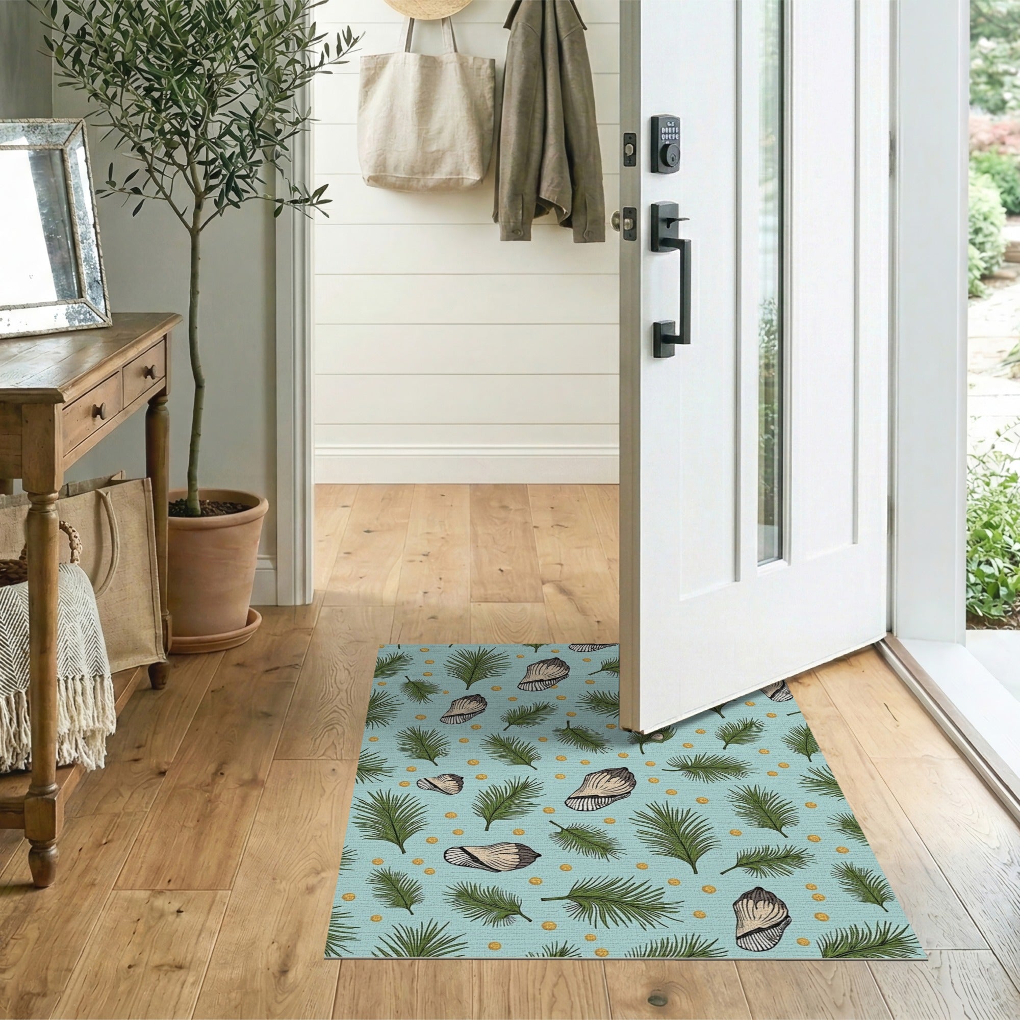 Teal Fern Seashell Golden Dots Coastal Rug