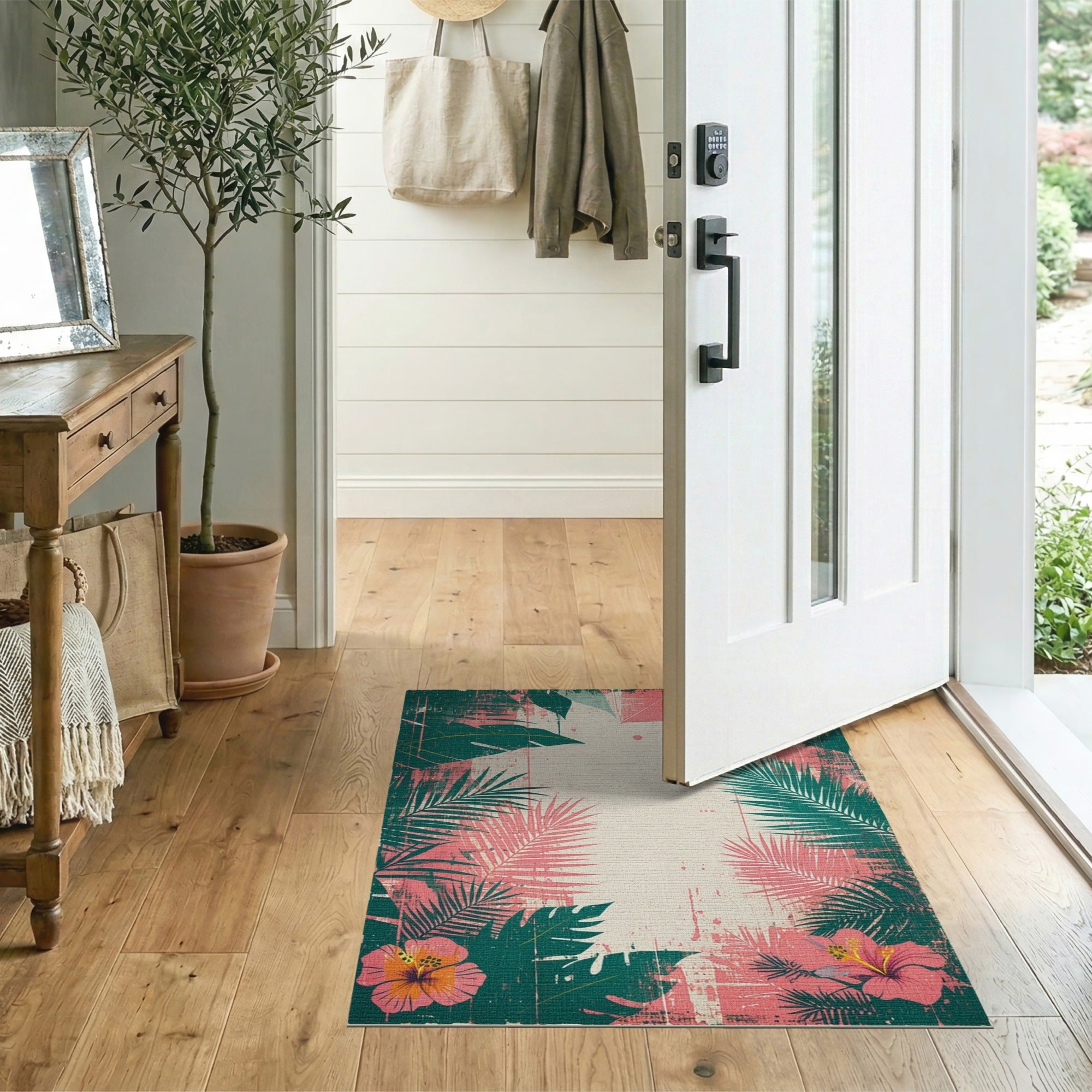 Distressed Tropical Palm Hibiscus Area Rug
