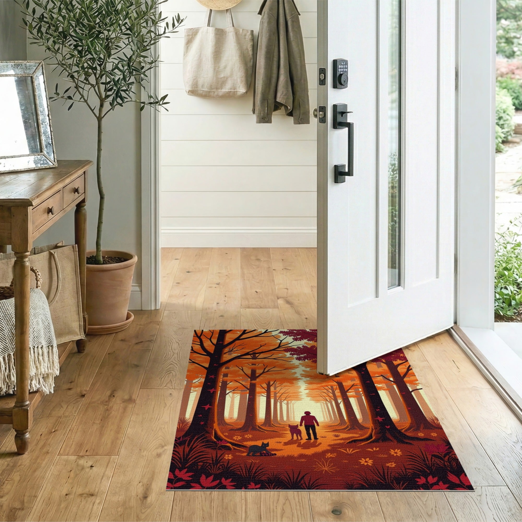 Autumn Forest Path with Dog and Cat Rug