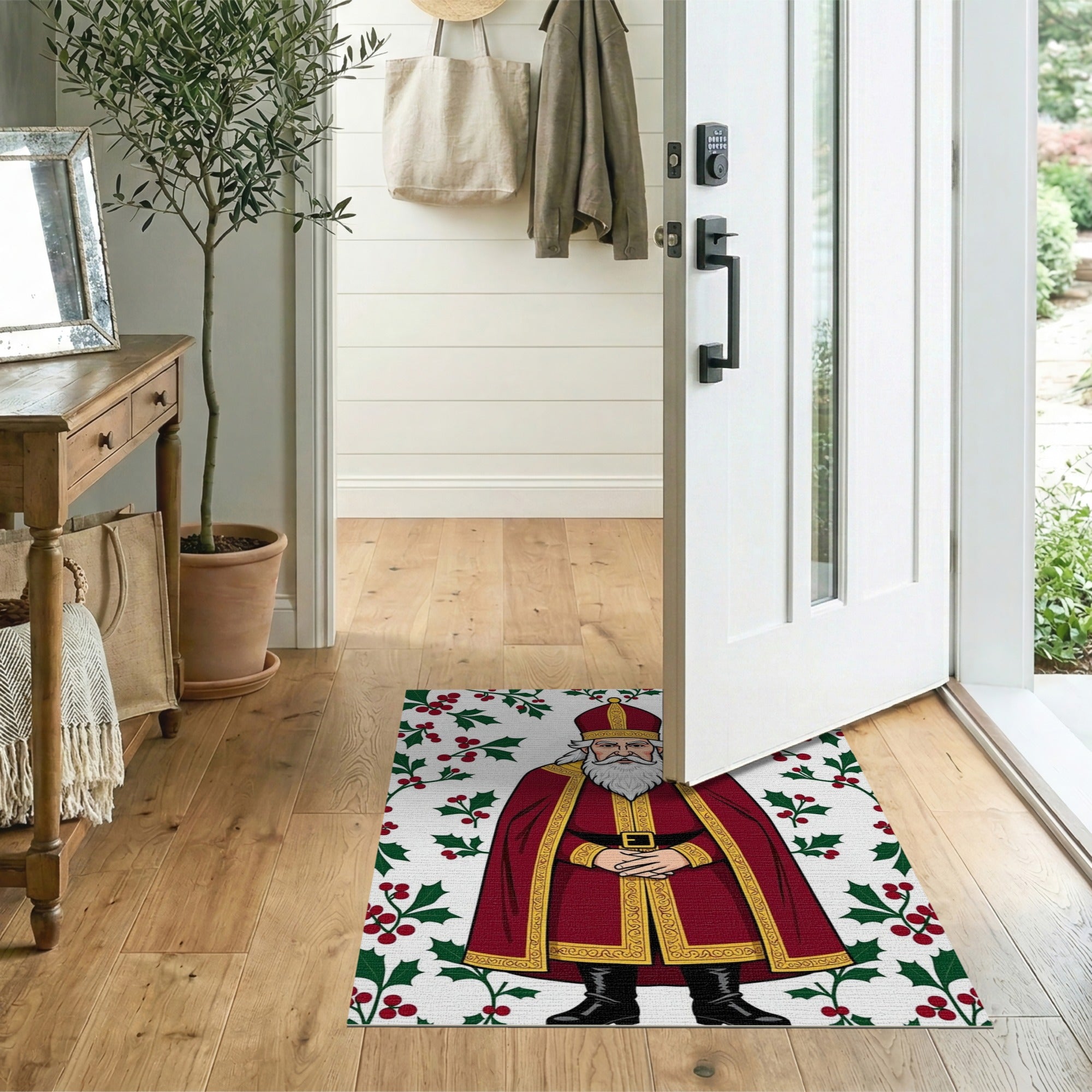 Festive Sinterklaas Bishop with Holly Border Rug