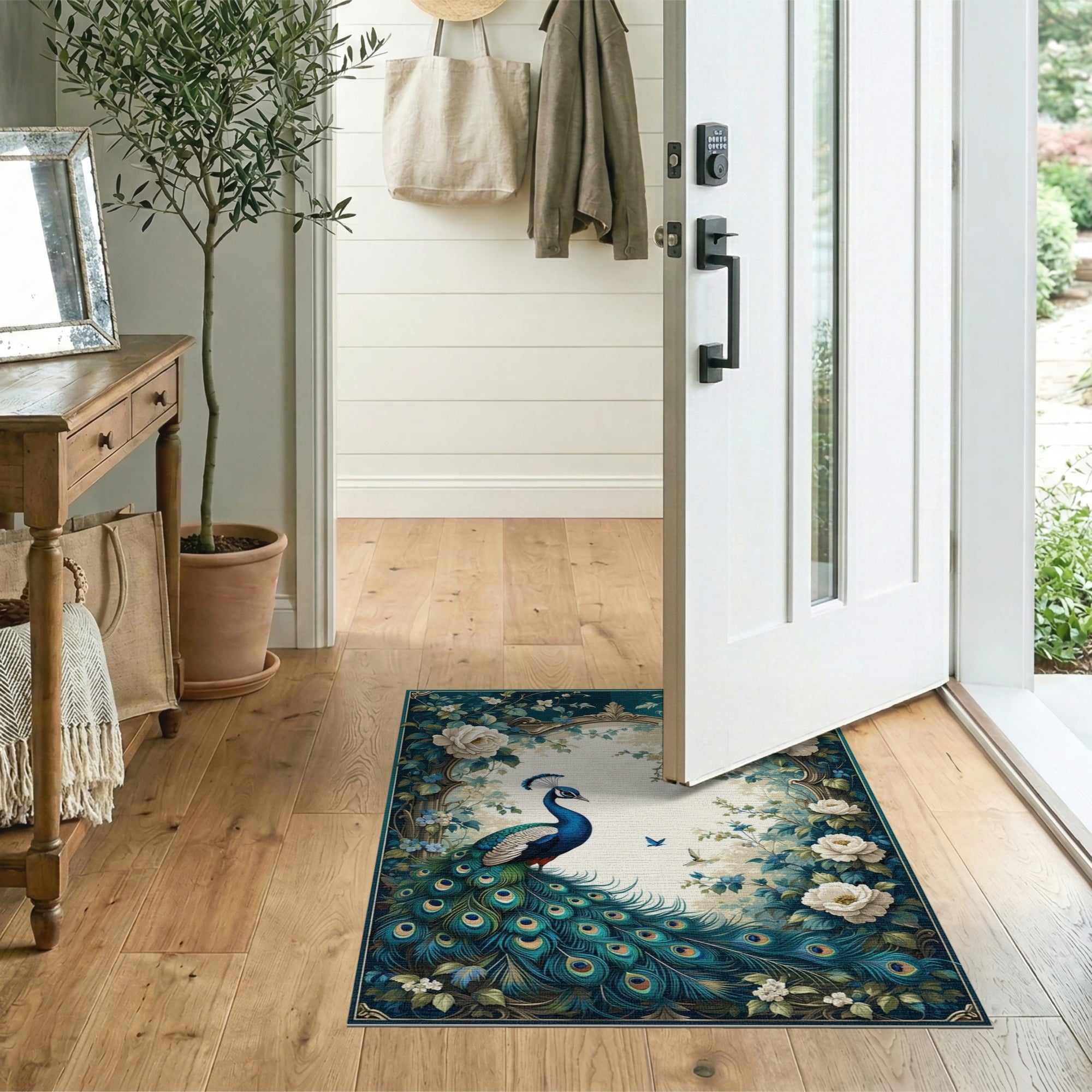 ODIKA Vintage Peacock Floral Washable Area Rug - Low Pile & Non-Slip Living Room Carpet