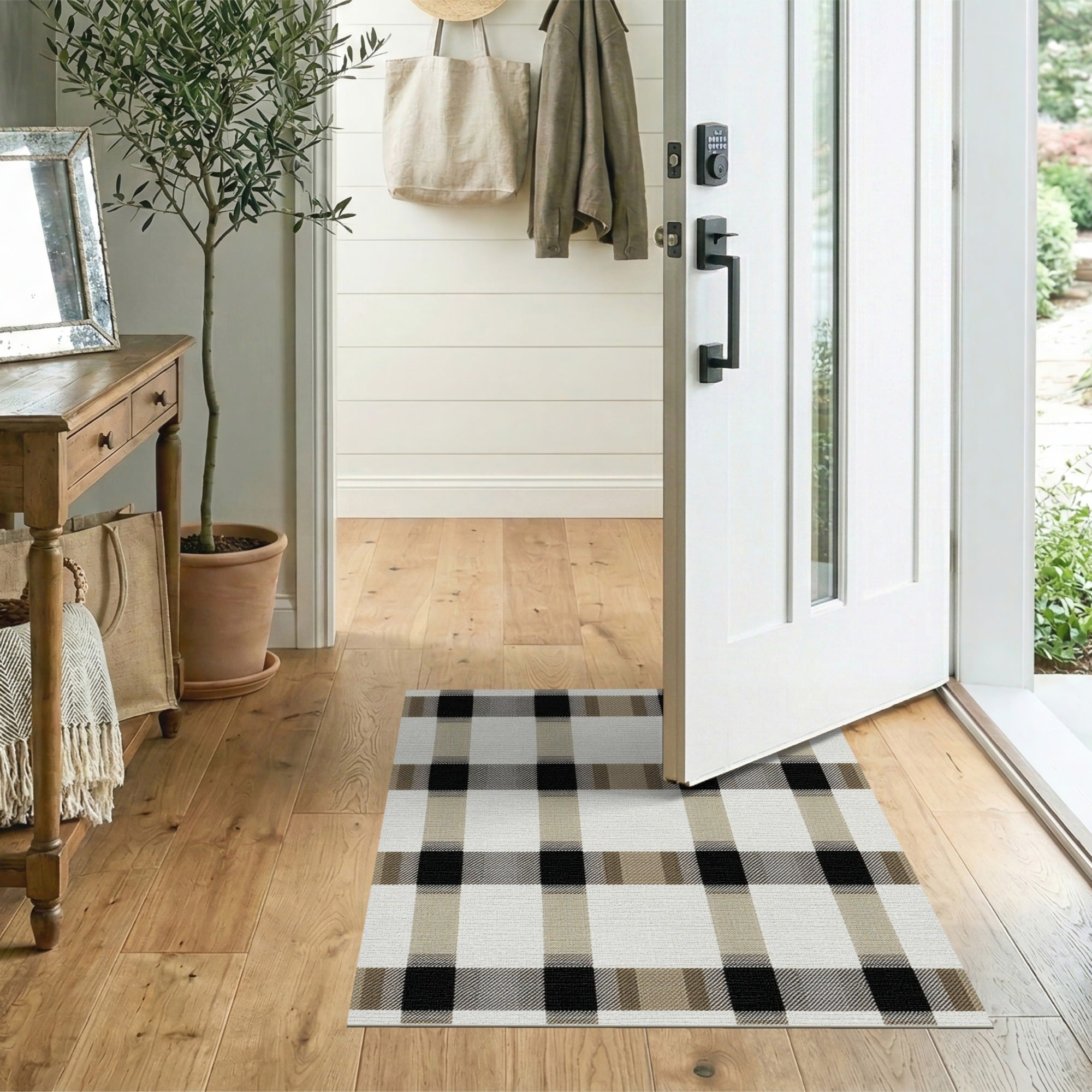 Beige Black Plaid Rustic Farmhouse Rug