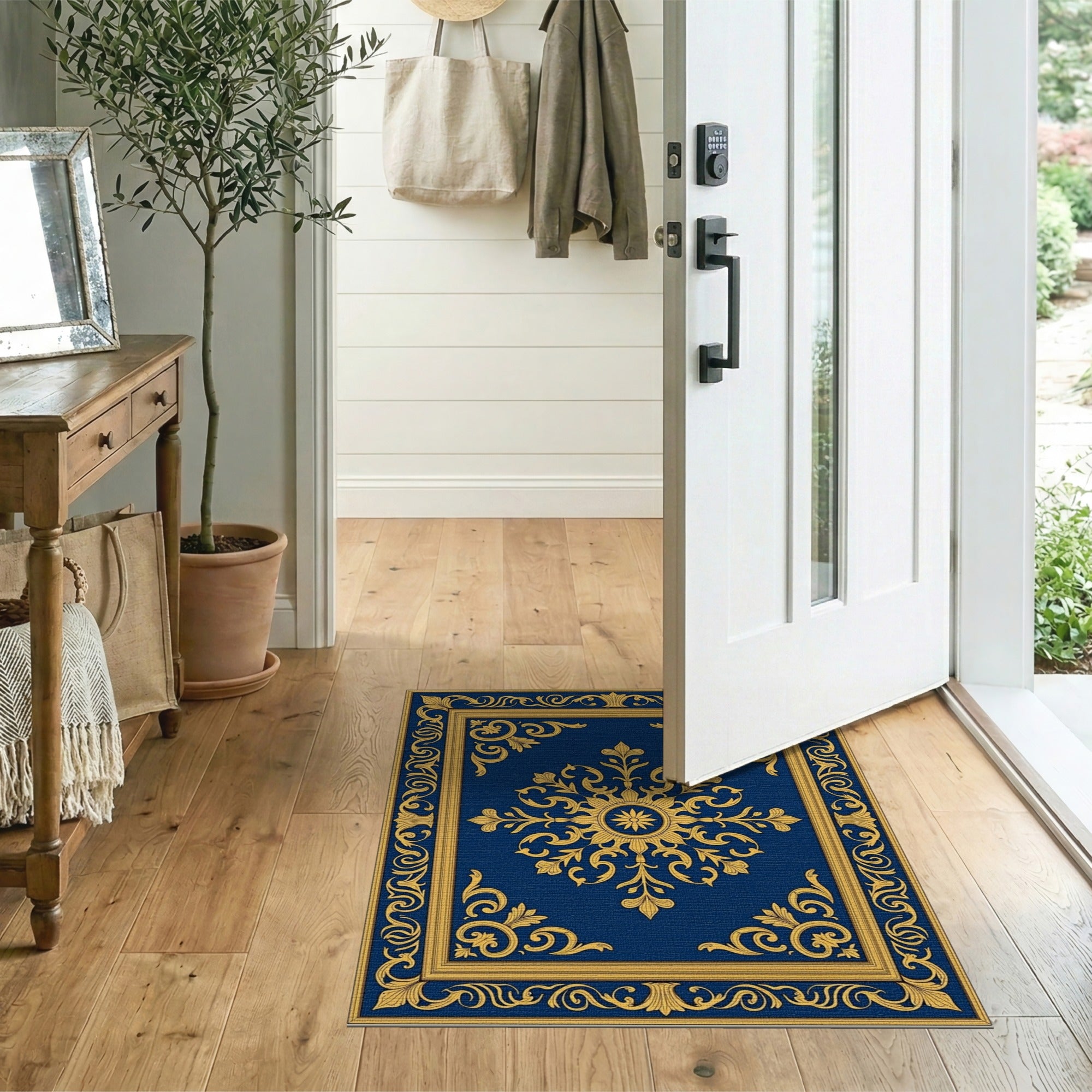 Navy Blue Gold Ornate Baroque Area Rug