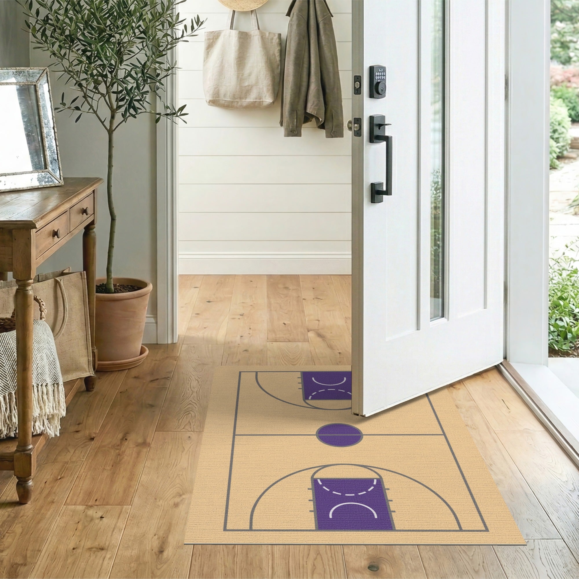Purple Basketball Court Geometric Area Rug