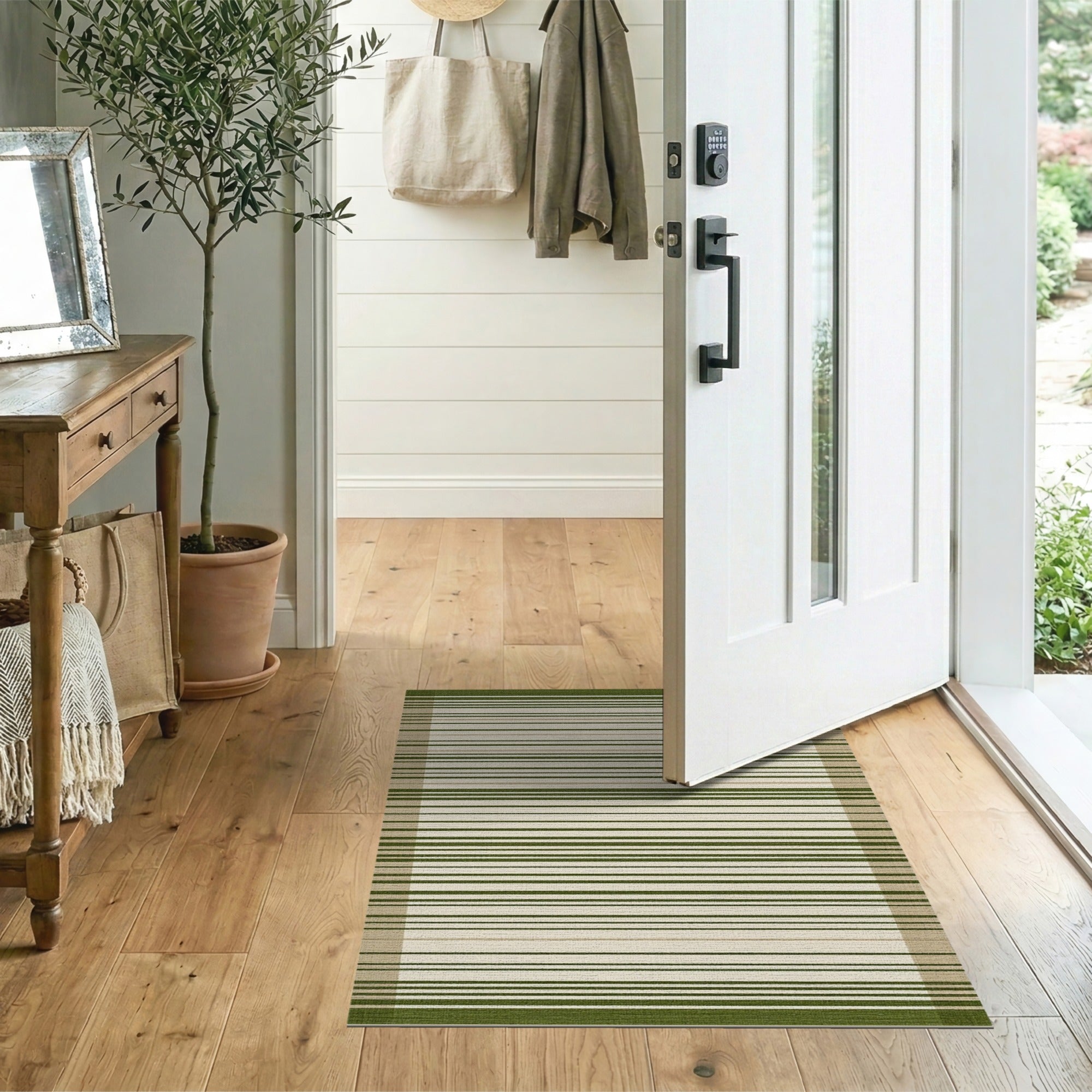 Green and Beige Striped Woven Area Rug