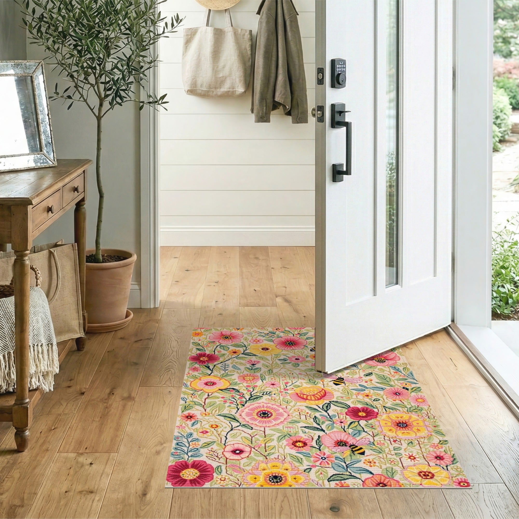Vintage Floral Bees Multi-Color Area Rug