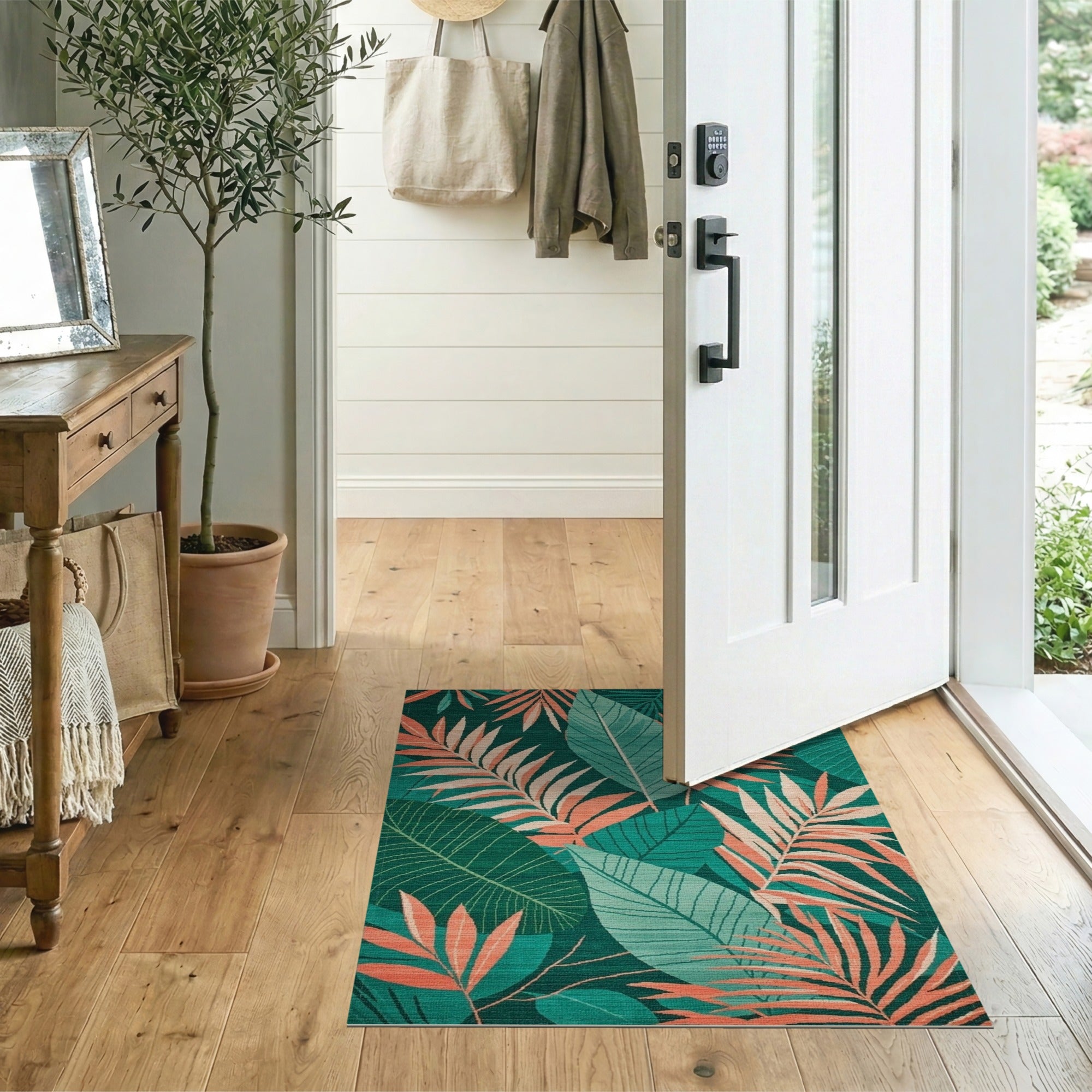 Coral and Teal Leaf Boho Area Rug