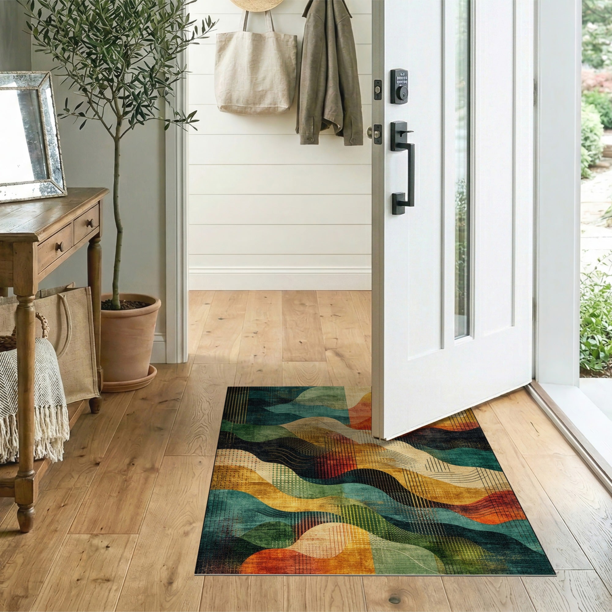 ODIKA Abstract Wavy Landscape Washable Area Rug - Non-Slip Low Pile Multi-Color Carpet