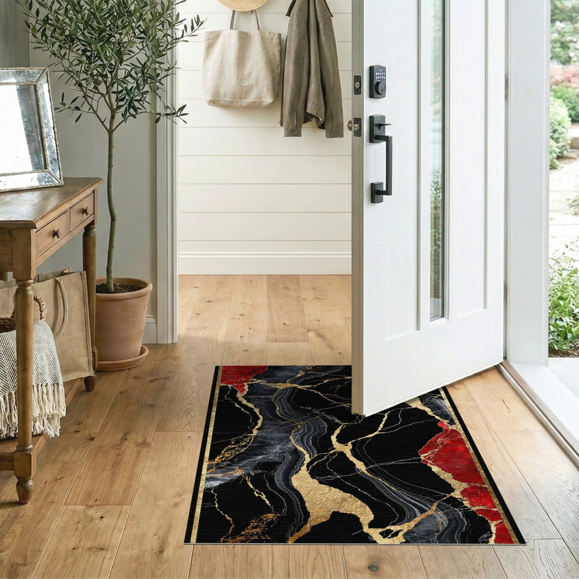 Abstract Marble Black Gold & Red Washable Area Rug - Low Pile, Non-Slip & Pet Friendly