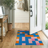 Vibrant Geometric Grid Area Rug in Blue, Orange Pink