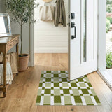 Olive Green Geometric Grid Area Rug