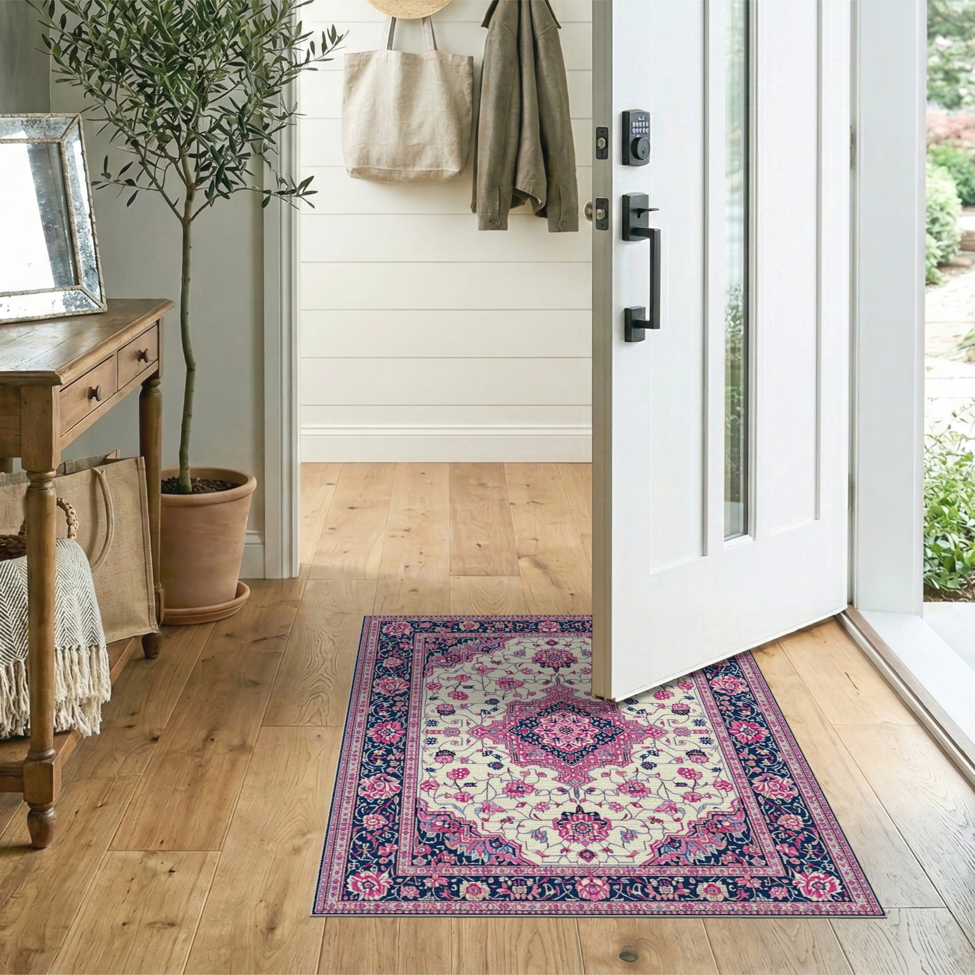 Pink Floral Persian Area Rug in Navy Border