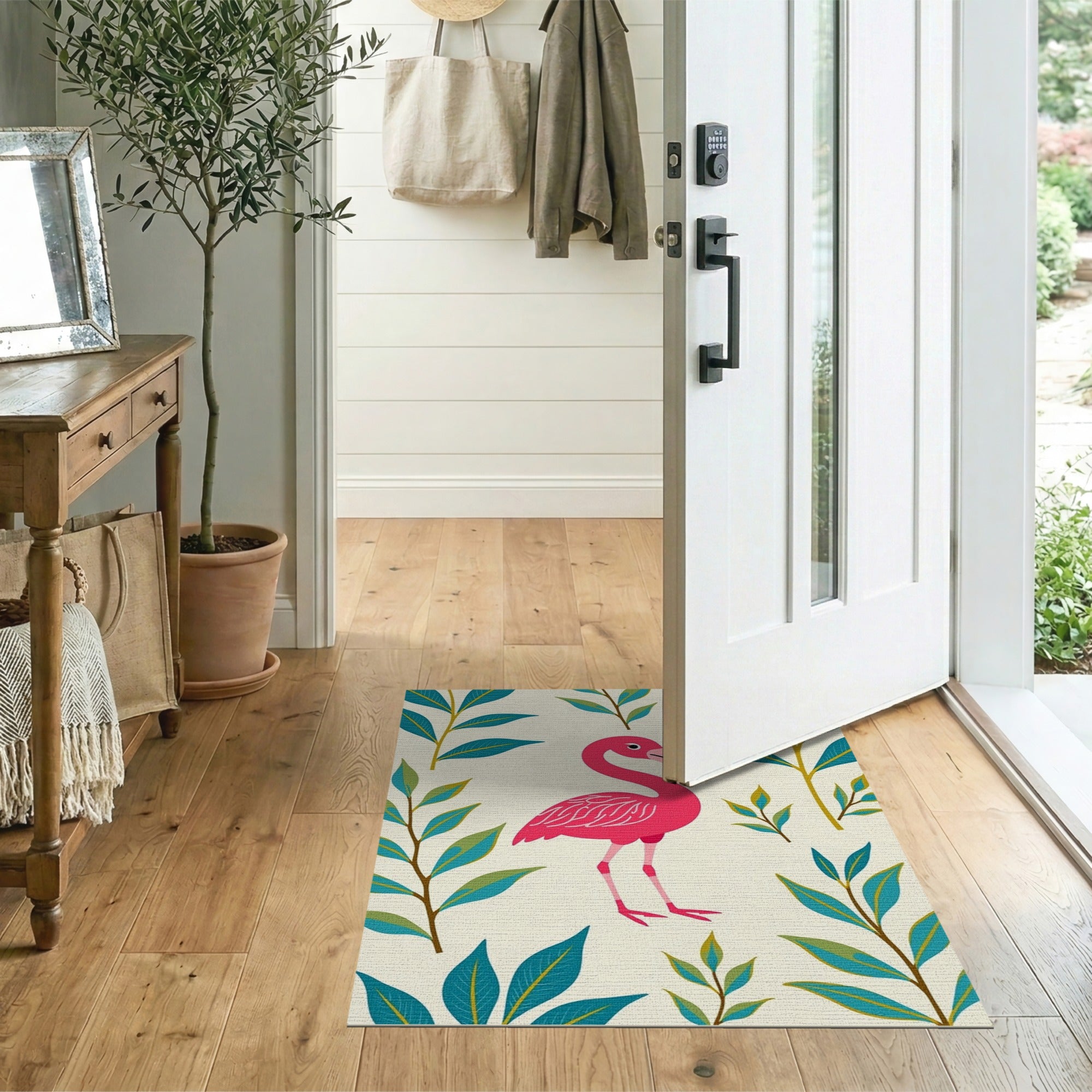 ODIKA Tropical Pink Flamingo Washable Area Rug - Non-Slip Low Pile Pet Friendly Carpet