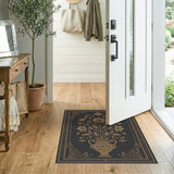 Gold Floral Vase Black Area Rug