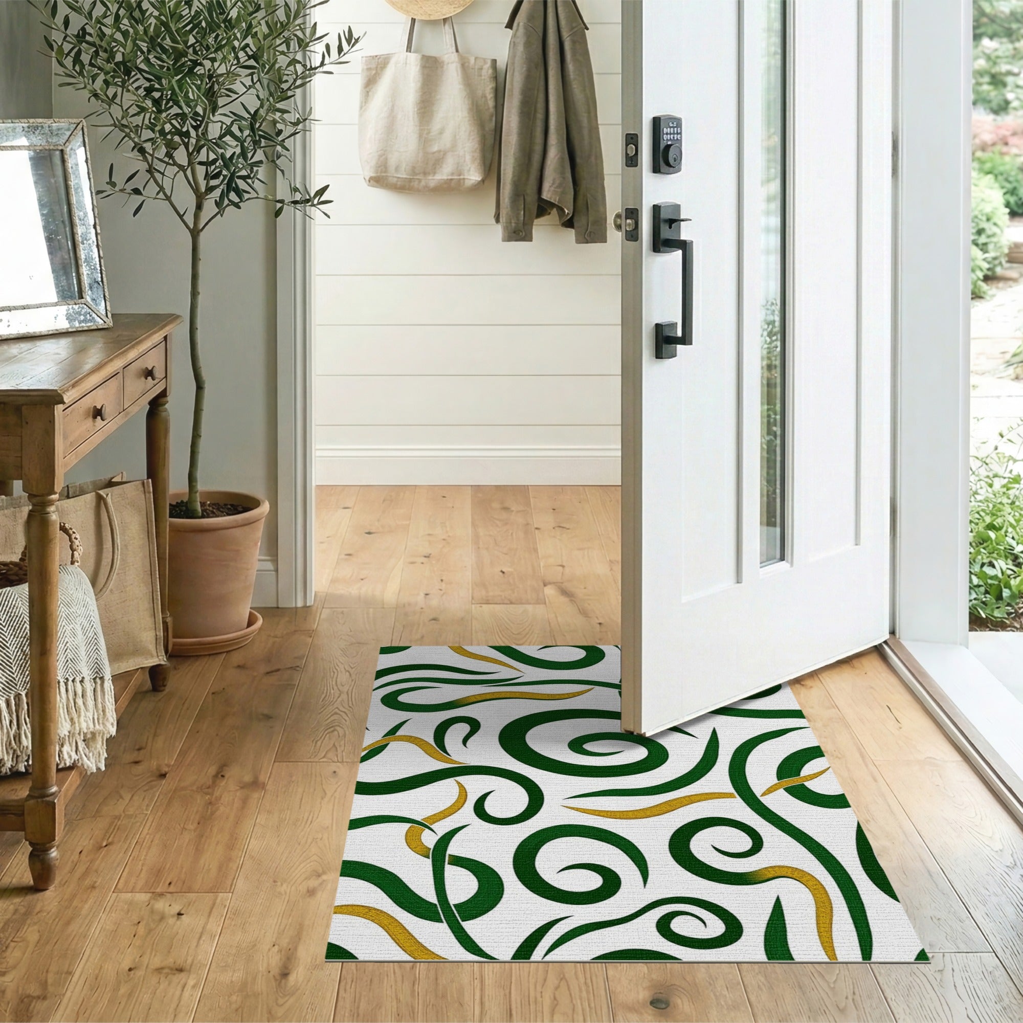 Green and Gold Swirl Abstract Area Rug