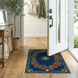 Ornate Navy Poinsettia Floral Rug with Gold Snowflake