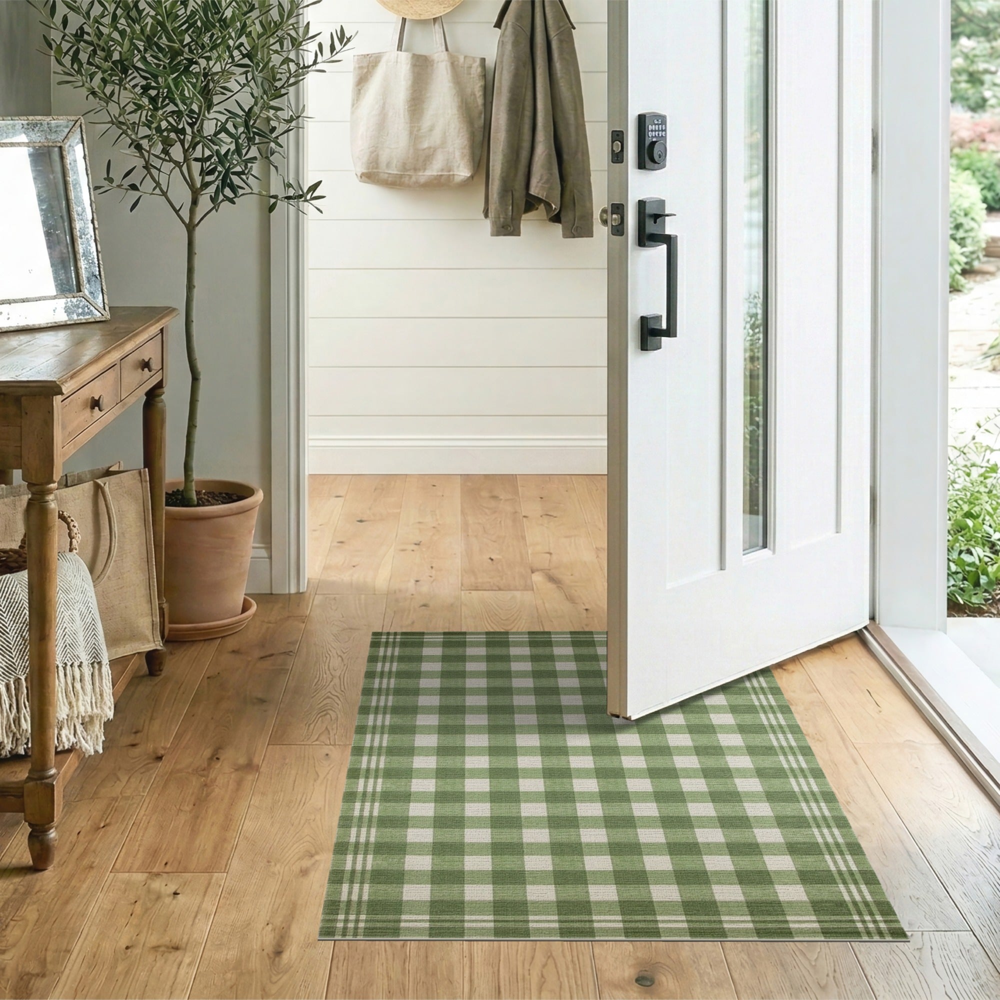 Green Gingham Checkered Rustic Farmhouse Area Rug