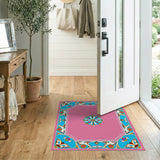 Ornate Pink Persian Area Rug with Teal Border