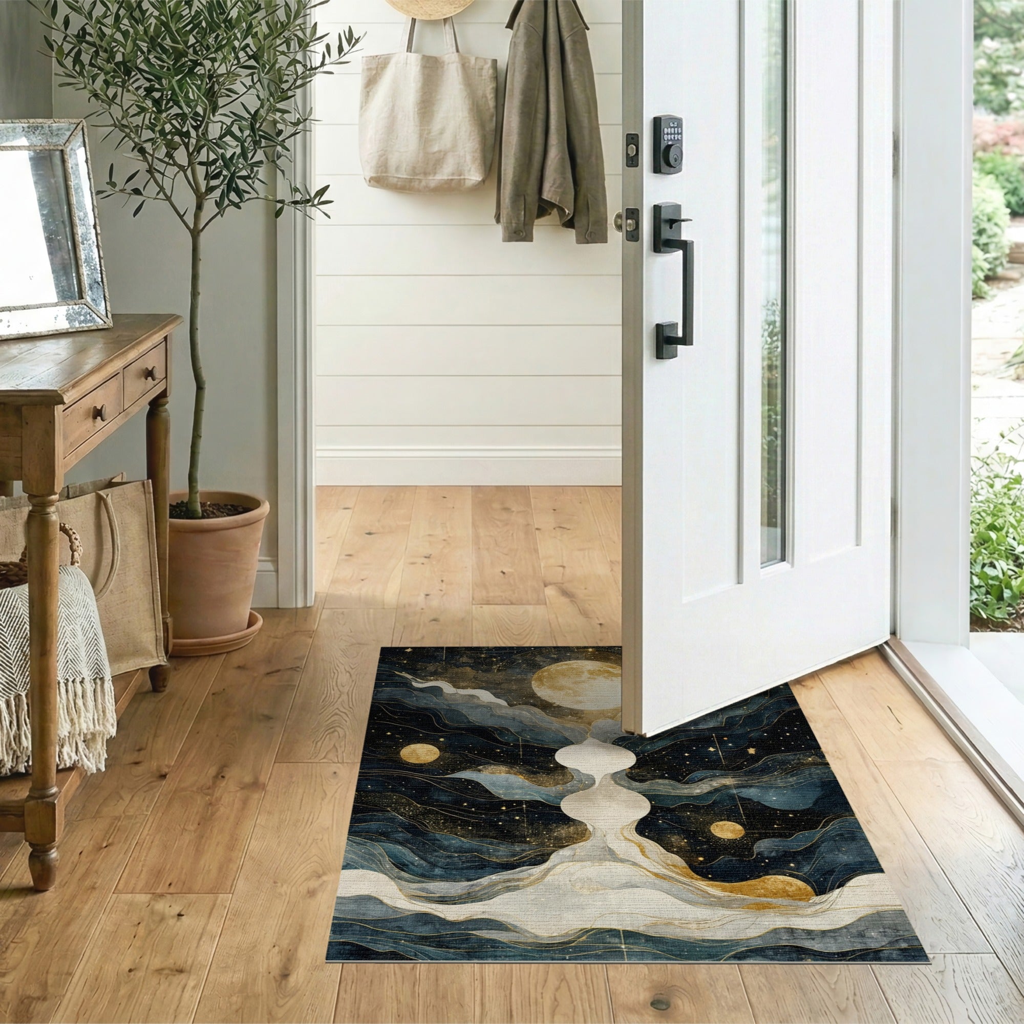 Ethereal Golden Moon Starry Waves Area Rug