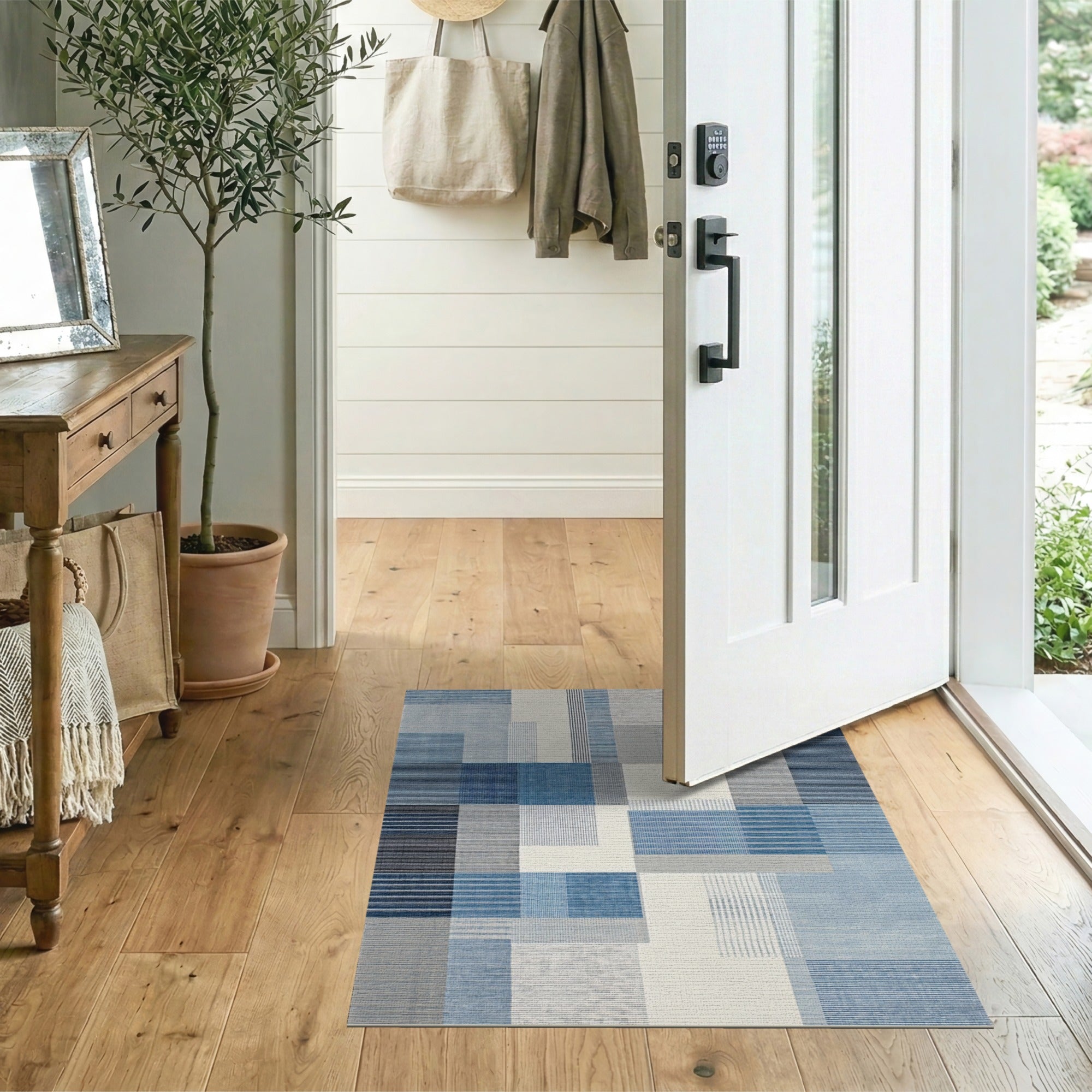 ODIKA Blue Abstract Geometric Patchwork Washable Area Rug - Non-Slip Low Pile