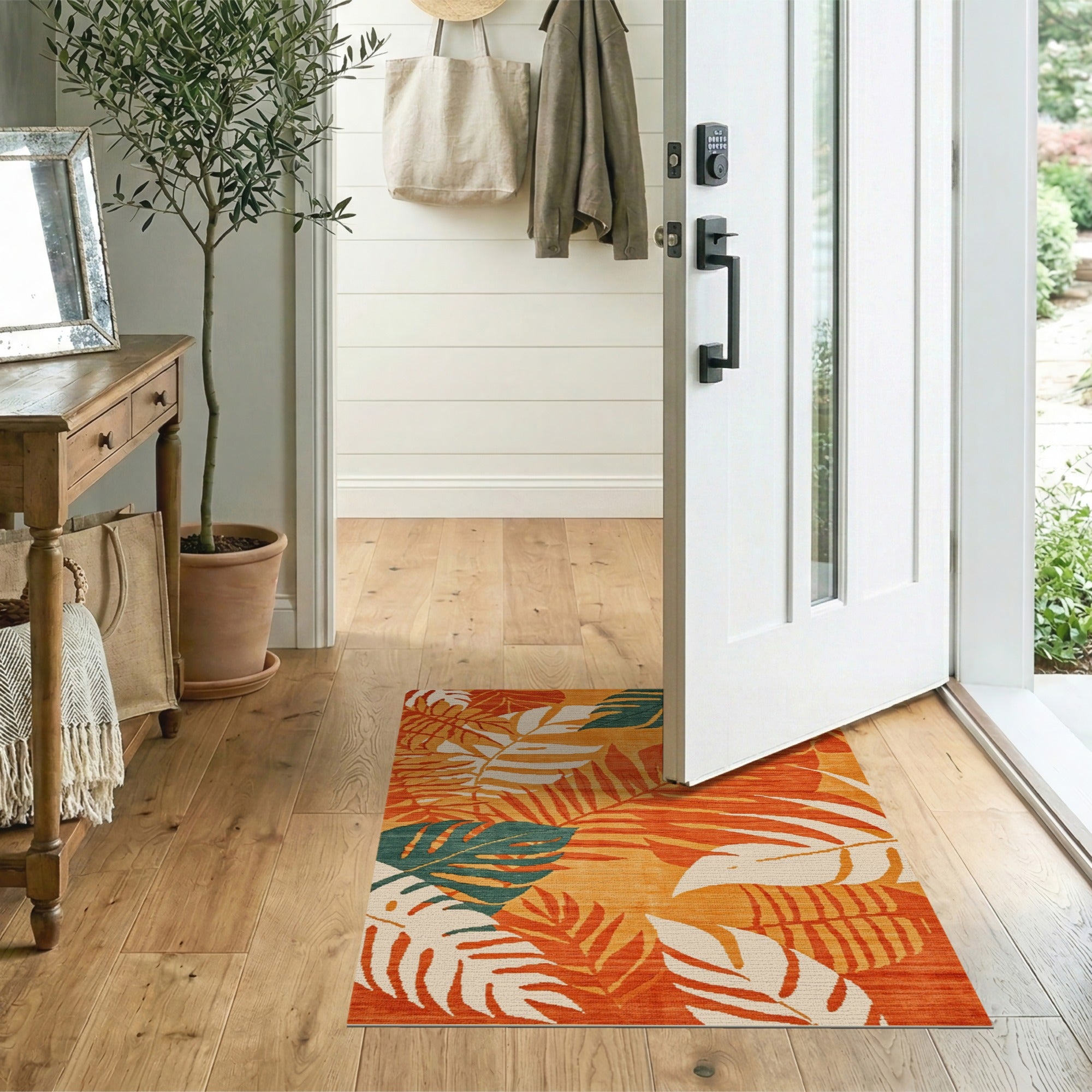 ODIKA Tropical Monstera Leaf Orange Washable Rug - Low Pile Non-Slip Area Rug