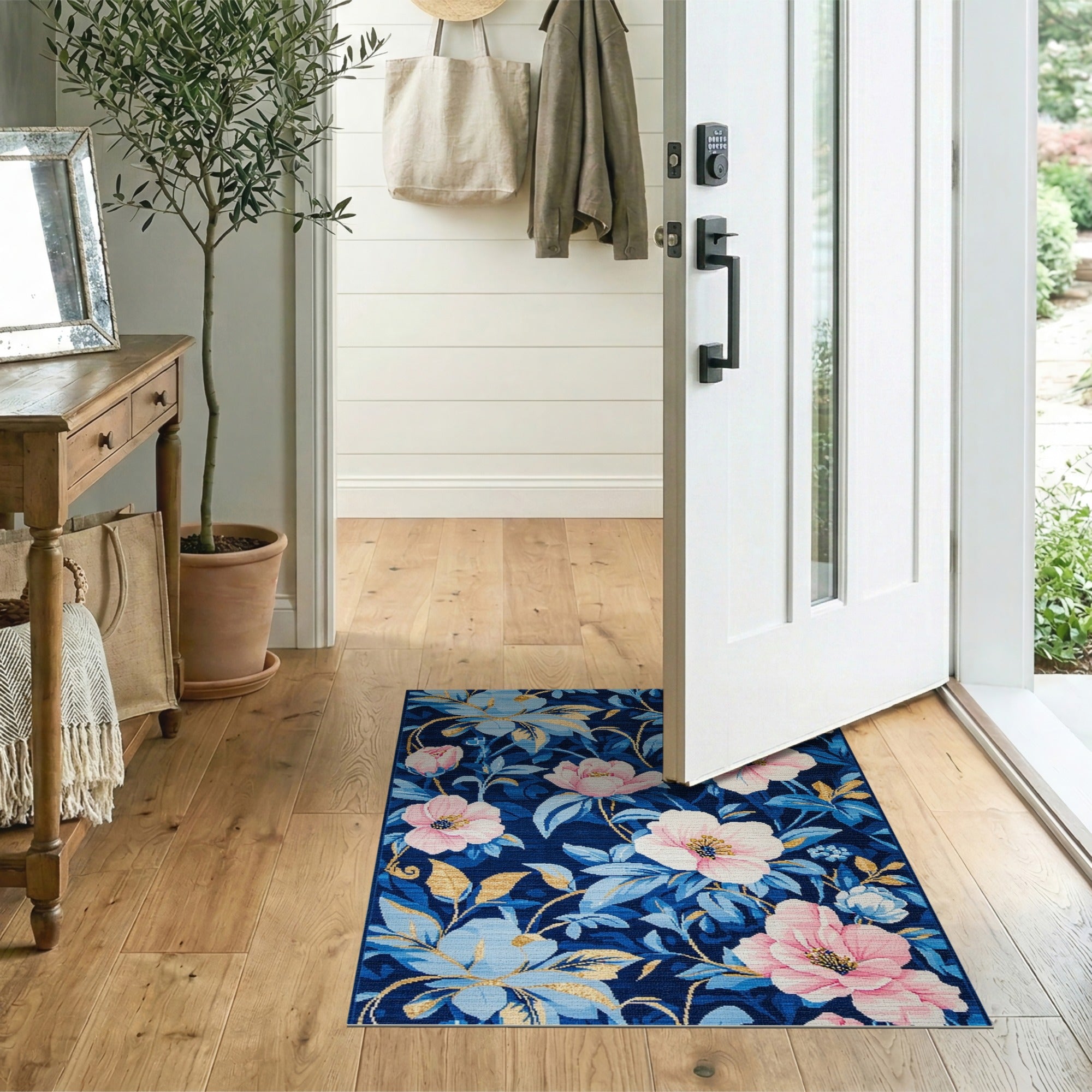 Floral Vintage Navy Blue Peony Floral Area Rug