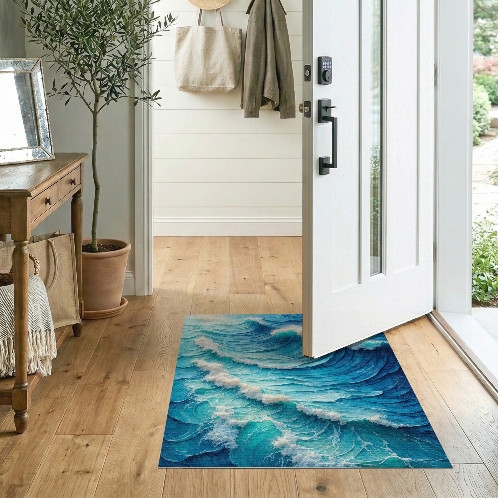 Abstract Blue Ocean Wave Washable Area Rug, Low Pile Non-Slip