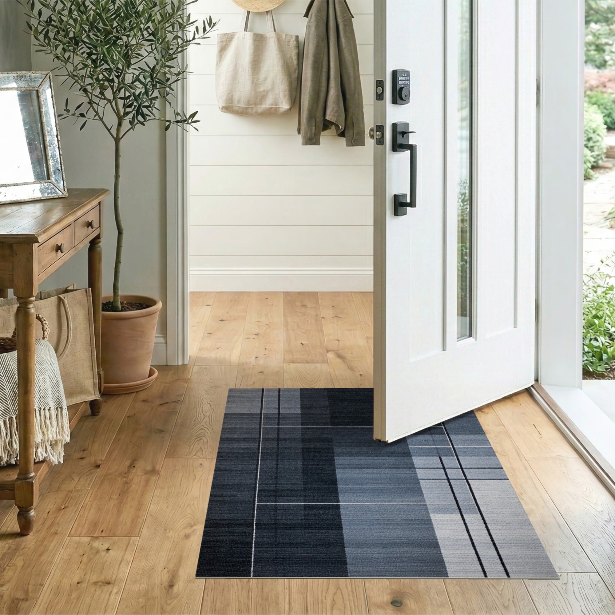 ODIKA Modern Geometric Washable Area Rug - Grey Blue Low Pile Non-Slip Rug for Living Room Bedroom