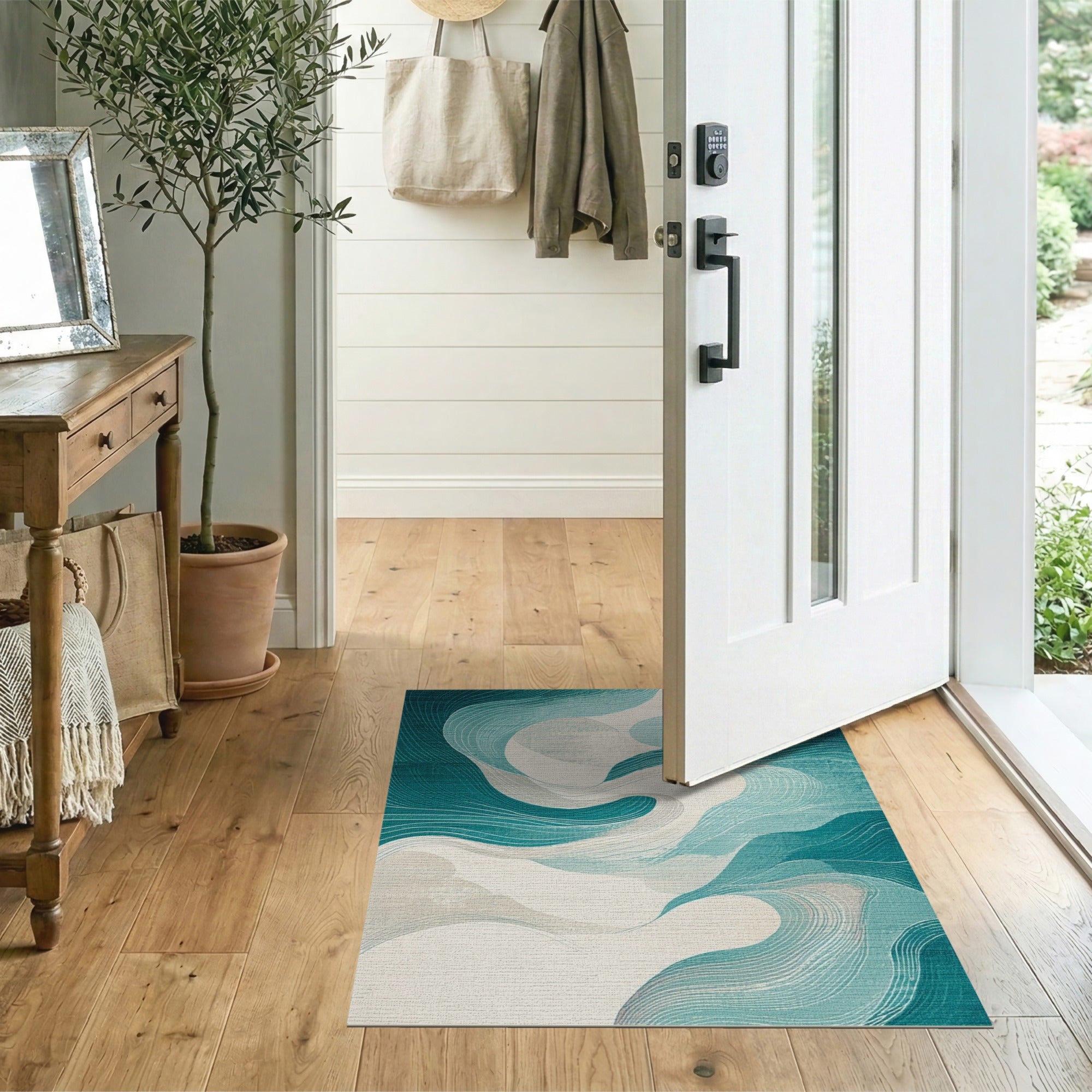 Washable Modern Abstract Teal Wave Area Rug