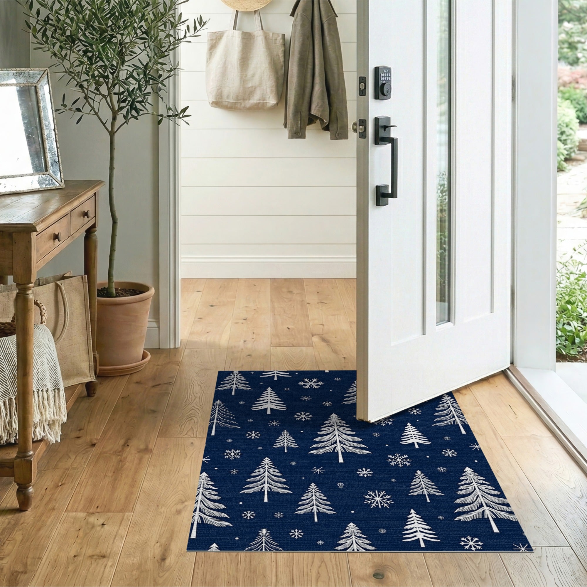 Navy Blue Christmas Pine Trees Snowflakes Area Rug