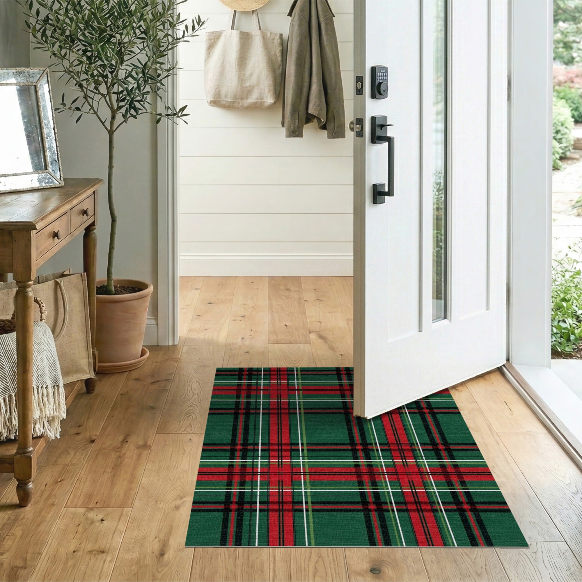 ODIKA Green and Red Tartan Plaid Washable Rug - Low Pile Non-Slip Area Rug