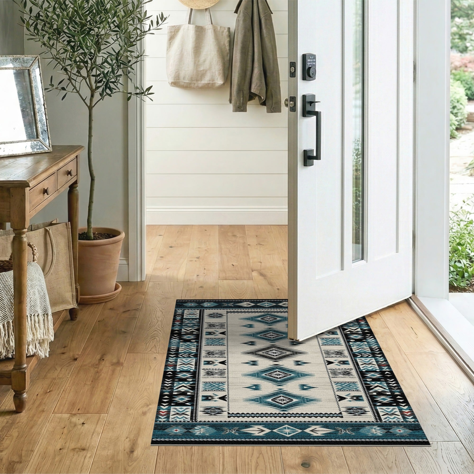 Blue and Teal Teal Black Southwestern Geometric Area Rug