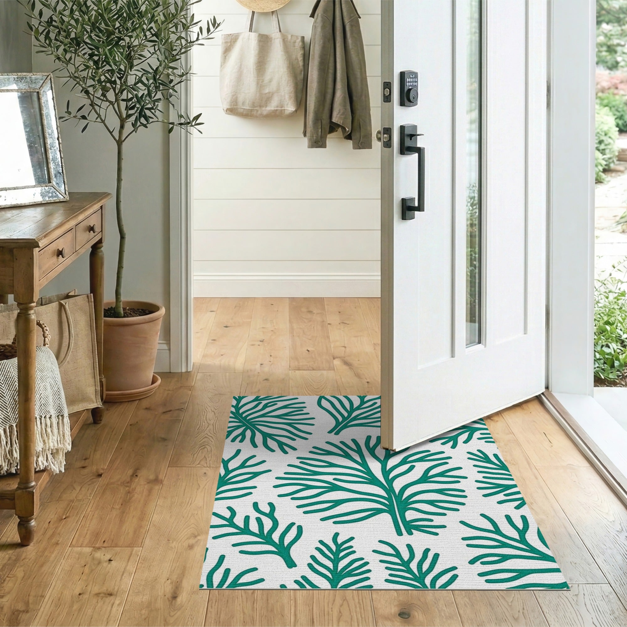 Teal Coral Fern Outline Area Rug