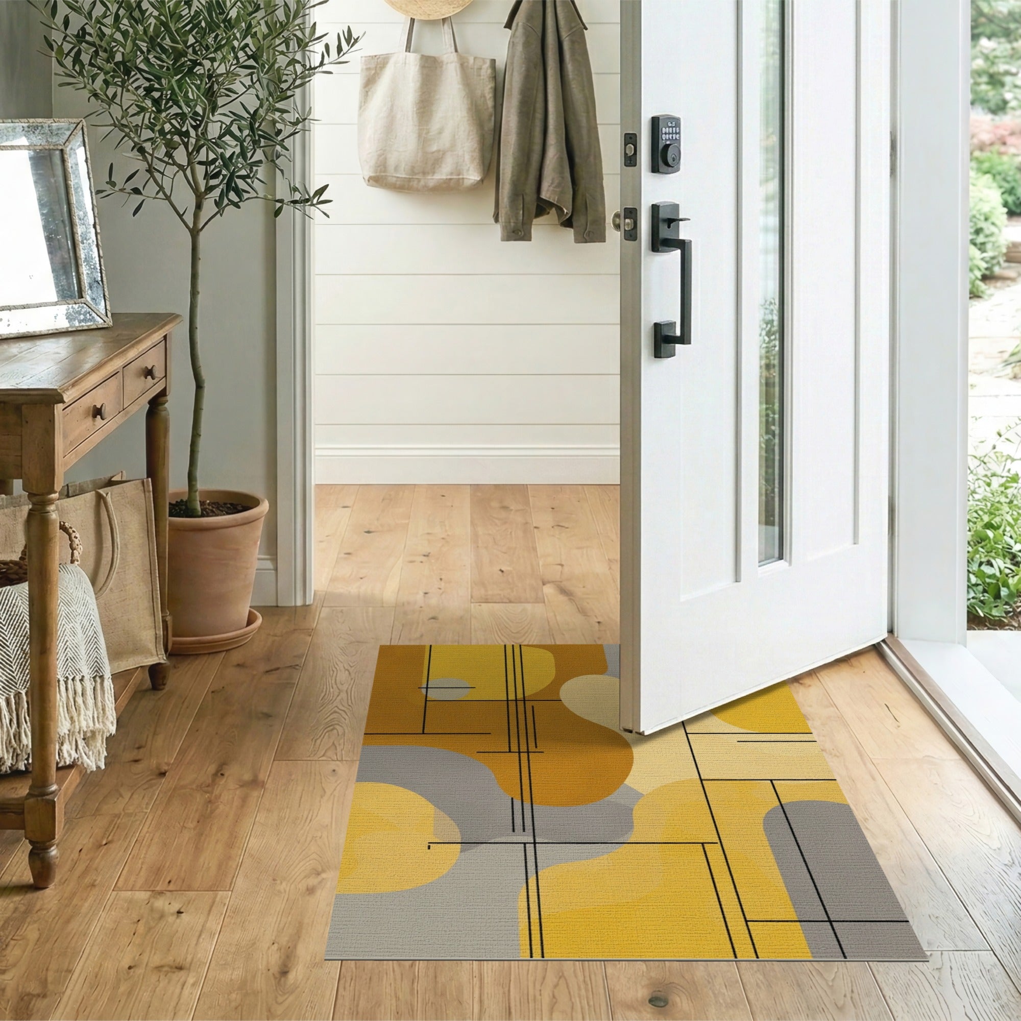 ODIKA Washable Abstract Geometric Area Rug - Mustard Yellow & Grey Modern Low Pile Non-Slip Carpet