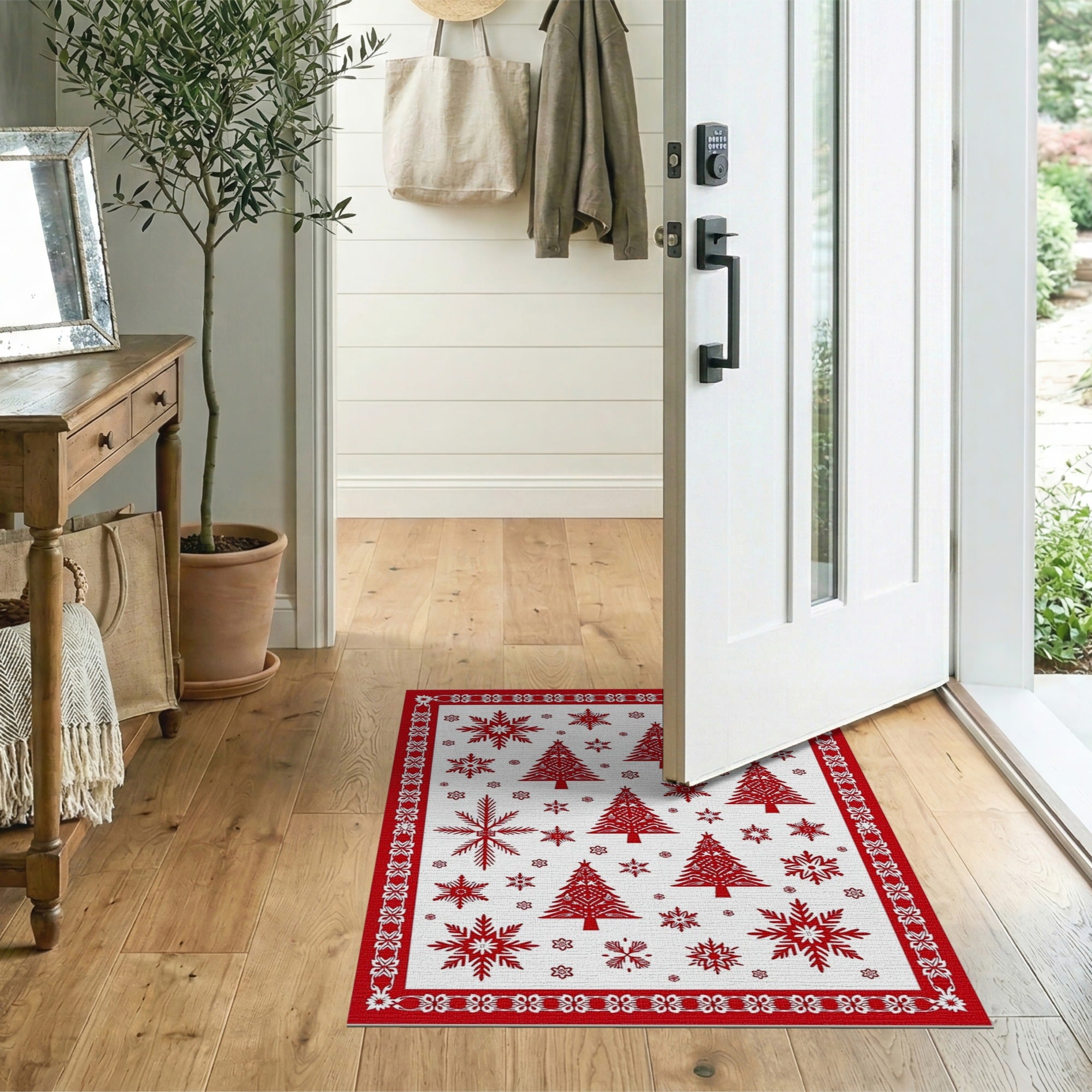 Festive Red Snowflake Christmas Tree Area Rug