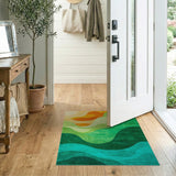 Vibrant Wavy Abstract Area Rug in Greens Teal Orange