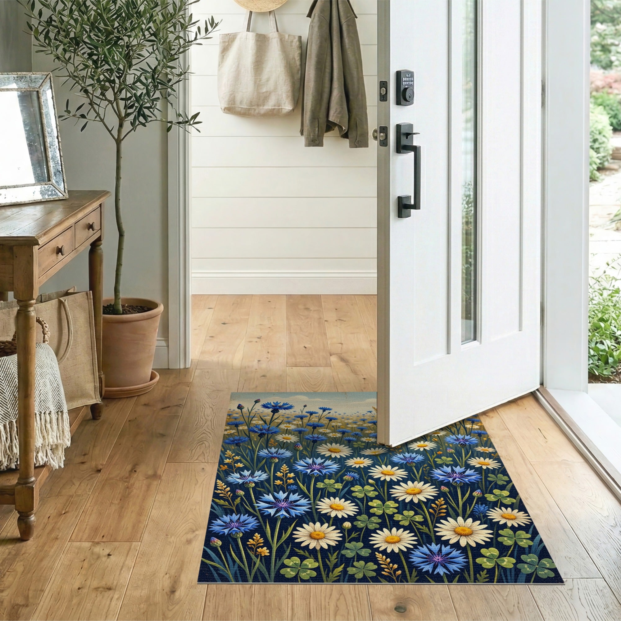 Vintage Cornflower Meadow Rug with Daisies