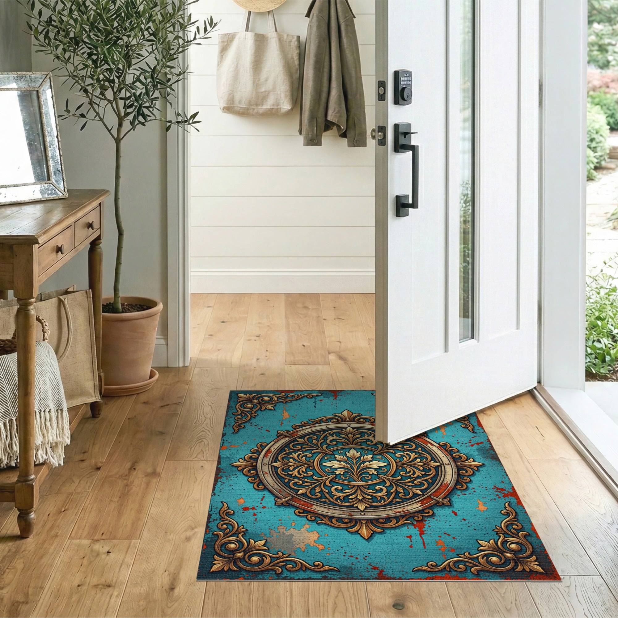 Ornate Gold Filigree Medallion Teal Rug