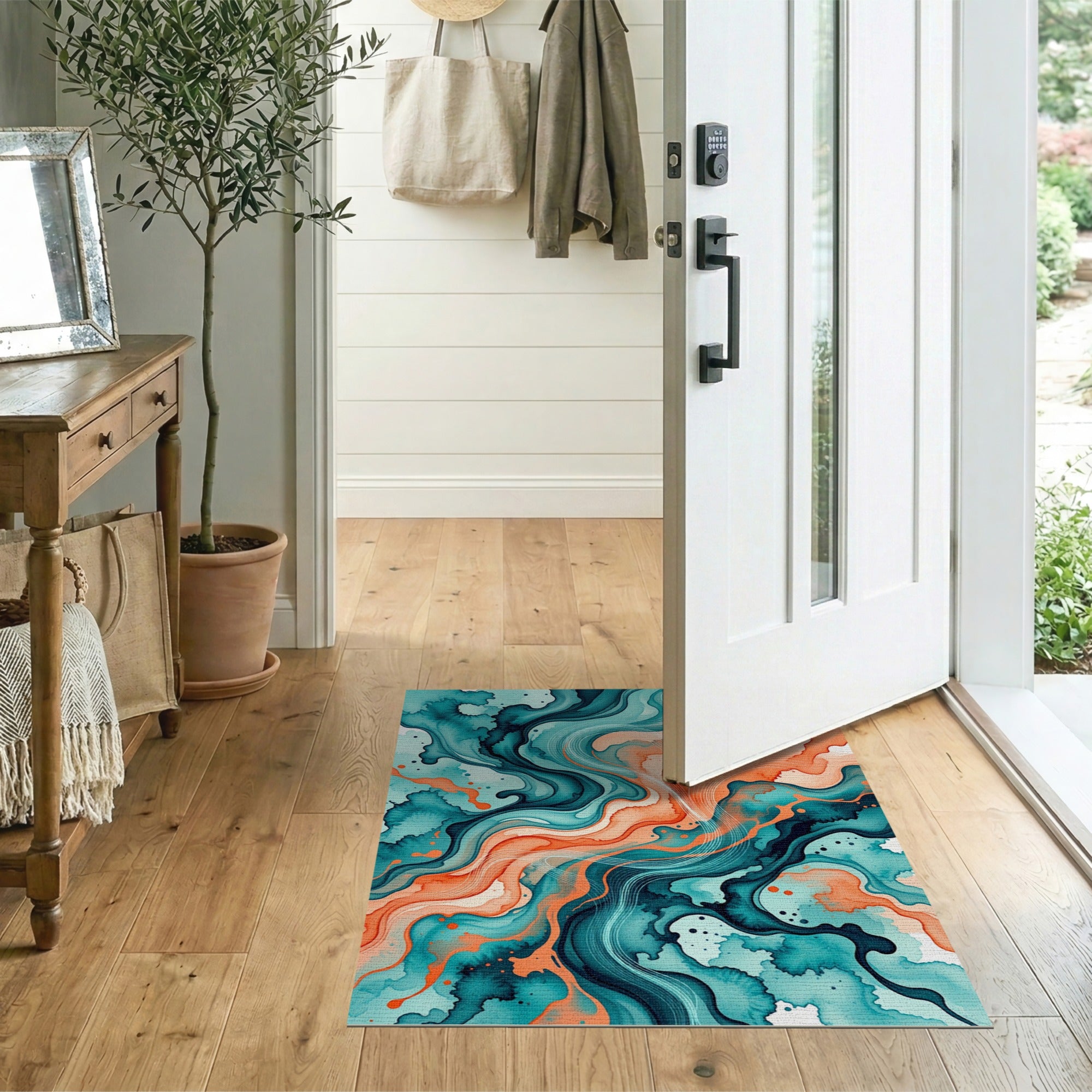 Abstract Teal Orange Swirl Area Rug