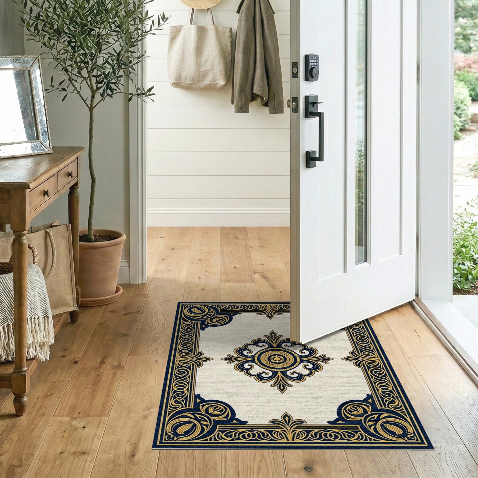 Luxurious Gold Navy Ornate Floral Border Rug