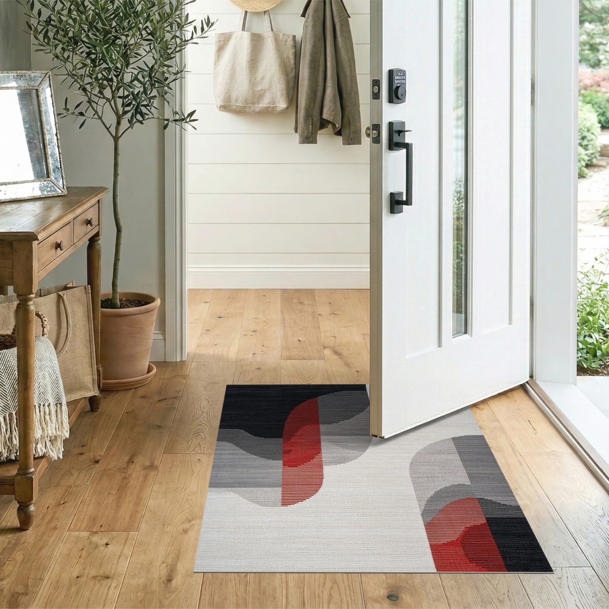 ODIKA Modern Abstract Geometric Washable Area Rug - Red & Black Non-Slip Low Pile Rug