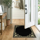 Ornate Gold Floral Frame Black Area Rug