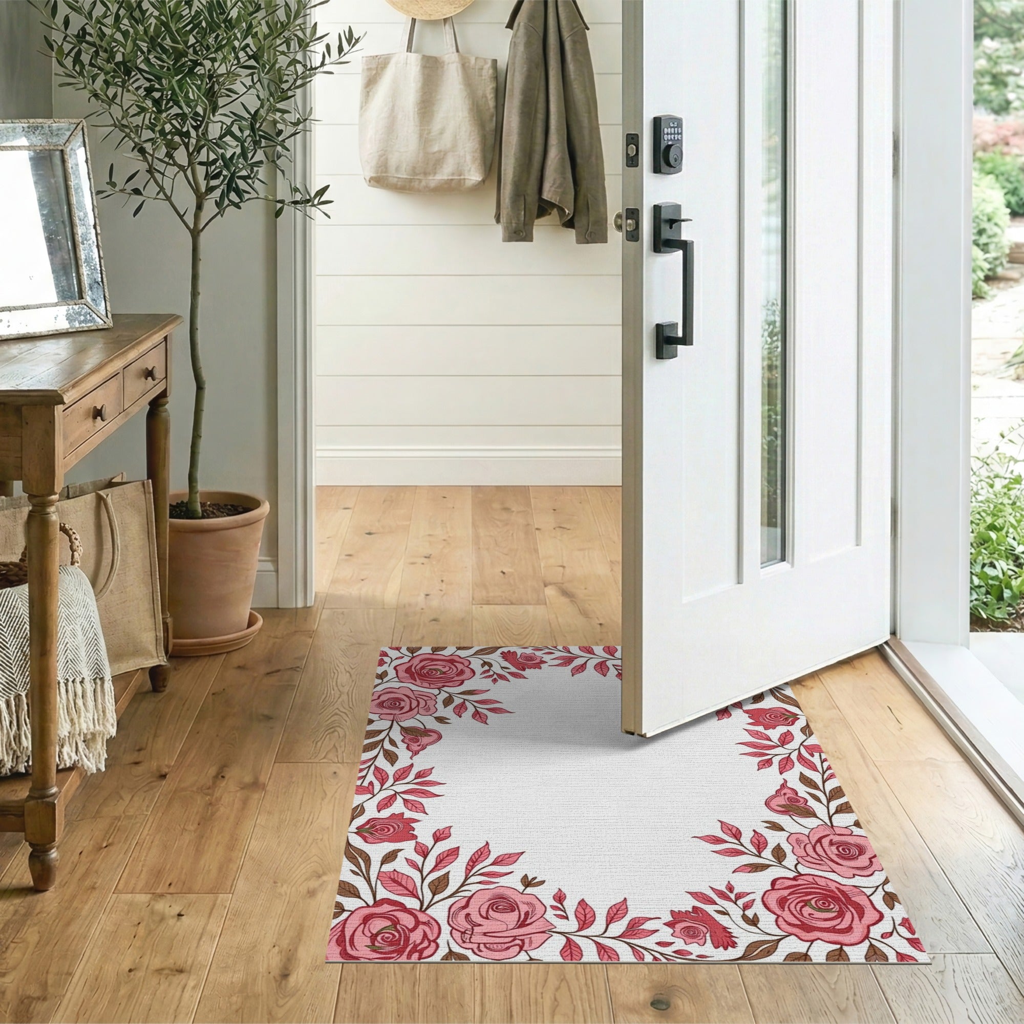 Floral Vintage Pink Vintage Pink Rose Floral Border Rug