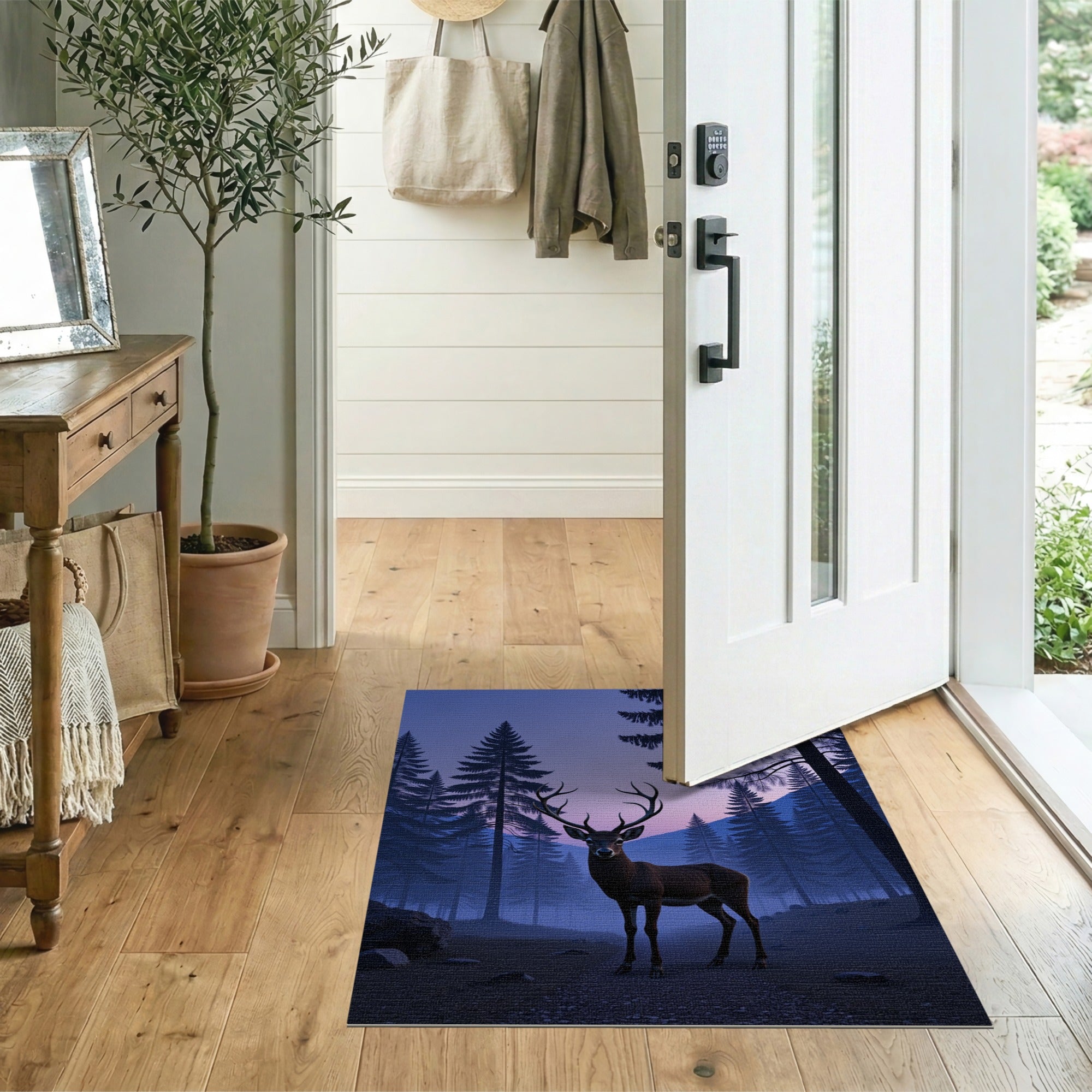 Twilight Red Stag in Misty Pine Forest Rug