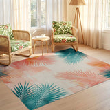 ODIKA Tropical Palm Leaf Washable Area Rug - Teal & Coral Abstract Low Pile Non-Slip Rug